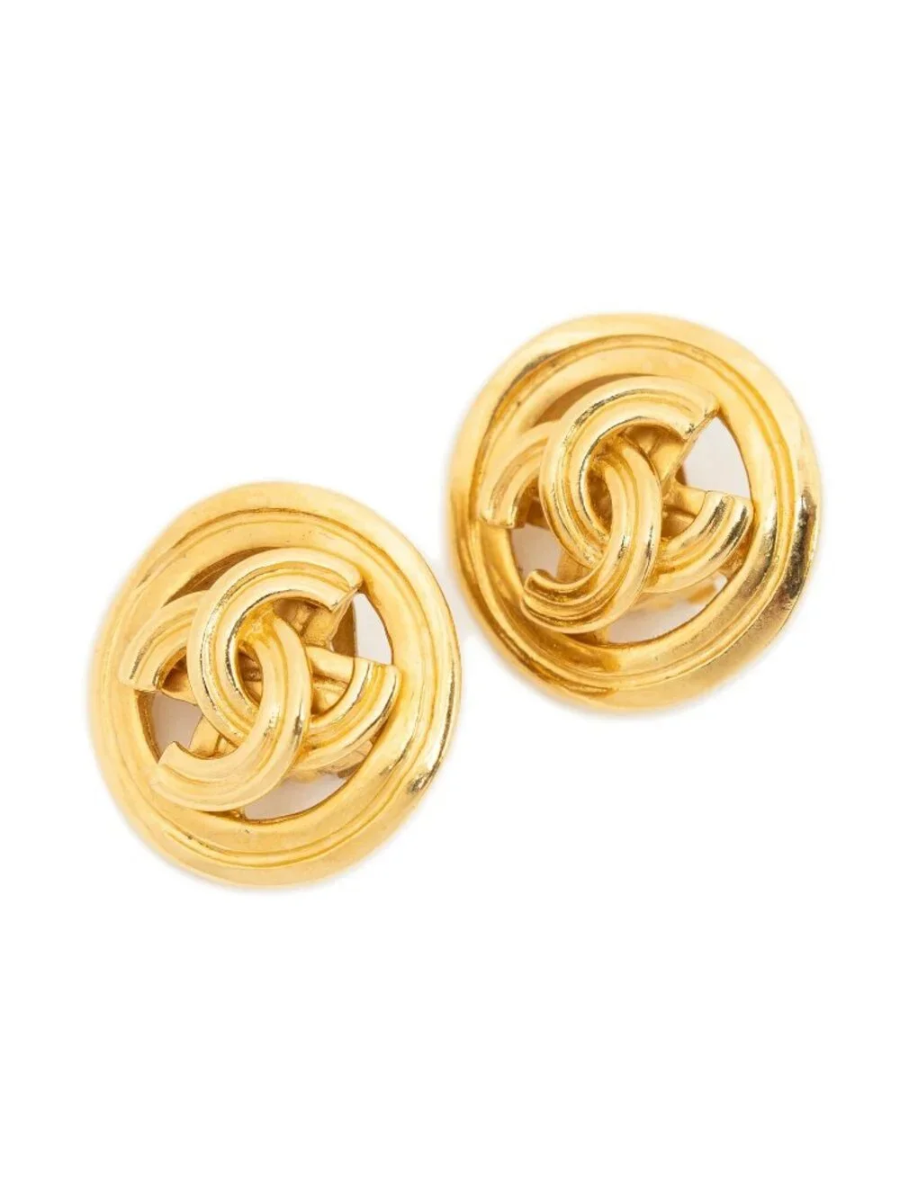 Chanel CC Logo Round Clip Type Earrings Gold Plated